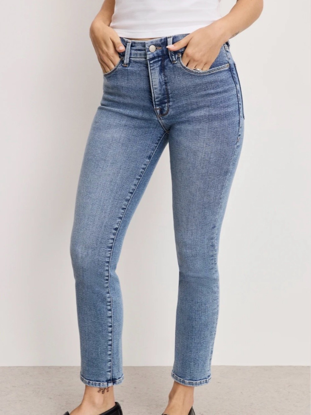 Good American Cotton Dark Blue Slim Straight High-Rise Jeans sz 14-18